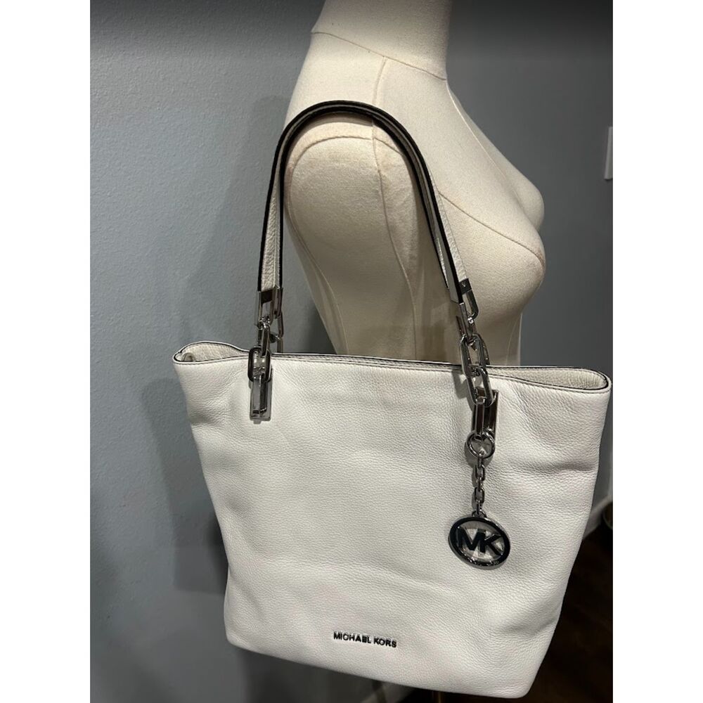 Michael Kors Harper Chain Link Leather Tote Bag in white